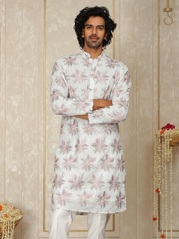 Sky Blue Georgette Embroidered Kurta Set for Men