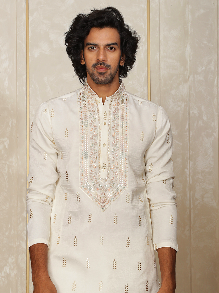 Cream Silk Thread Embroidered Kurta Set for Men