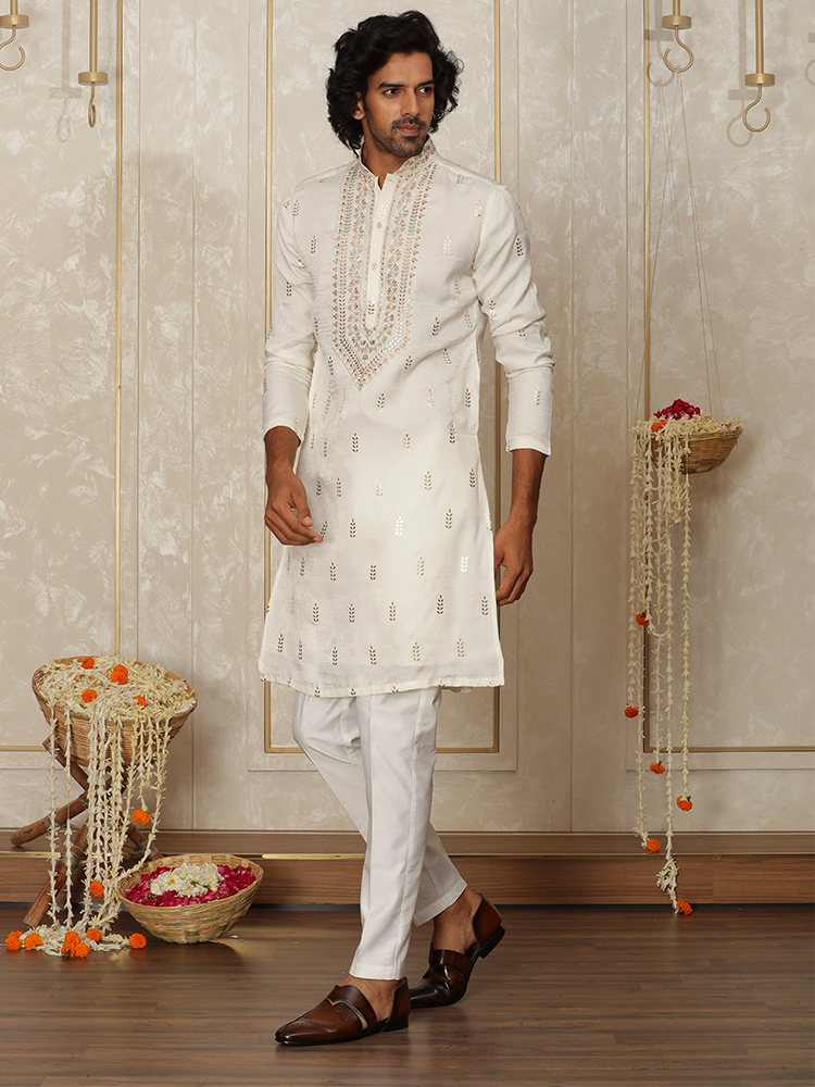 Cream Silk Thread Embroidered Kurta Set for Men