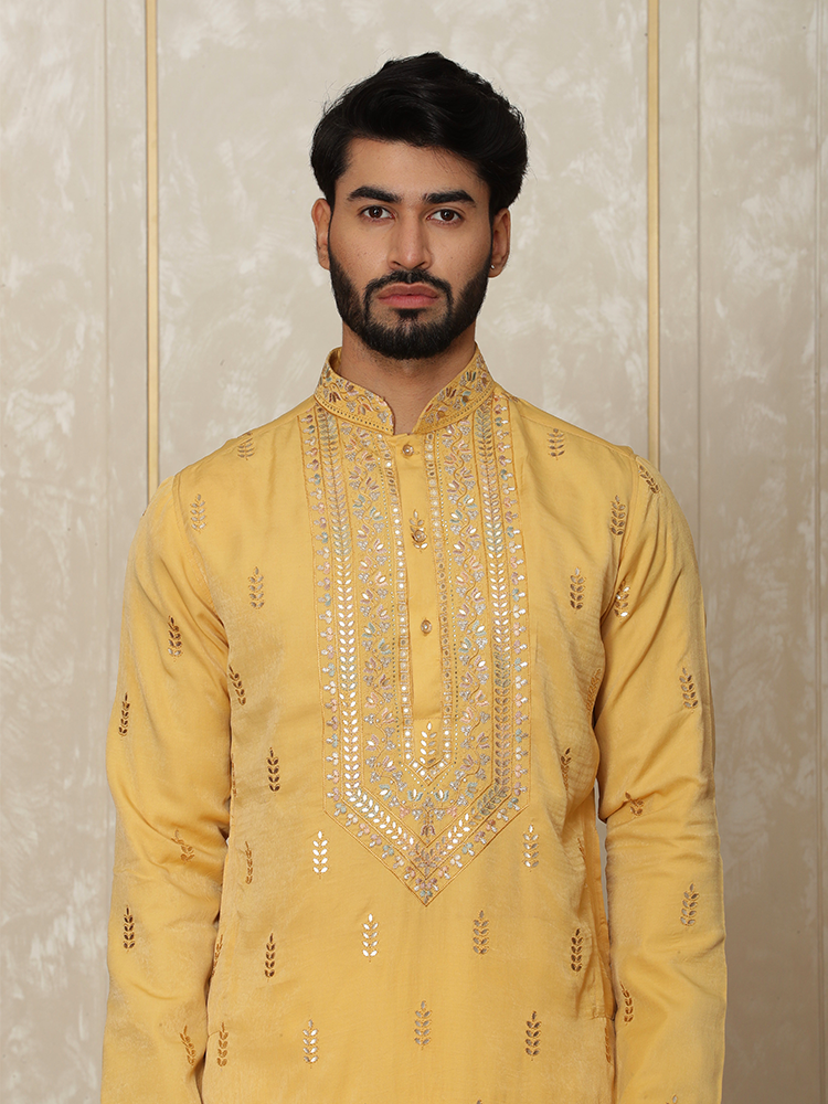 Yellow Silk Thread Embroidered Kurta Set for Men