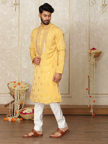 Yellow Silk Thread Embroidered Kurta Set for Men