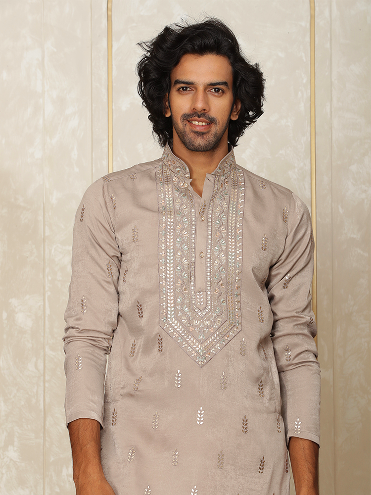 Mouse Silk Thread Embroidered Kurta Set for Men