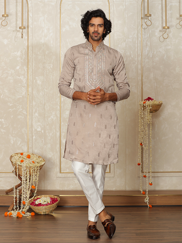 Mouse Silk Thread Embroidered Kurta Set for Men