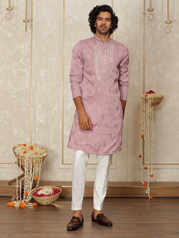 Mauve Silk Thread Embroidered Kurta Set for Men