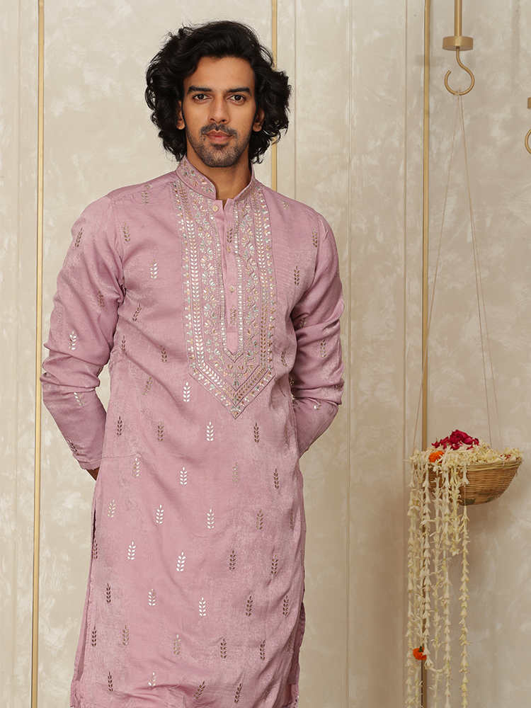 Mauve Silk Thread Embroidered Kurta Set for Men