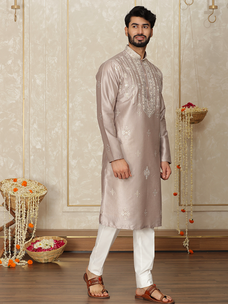 Grey Silk Thread Embroidered Kurta Set for Men