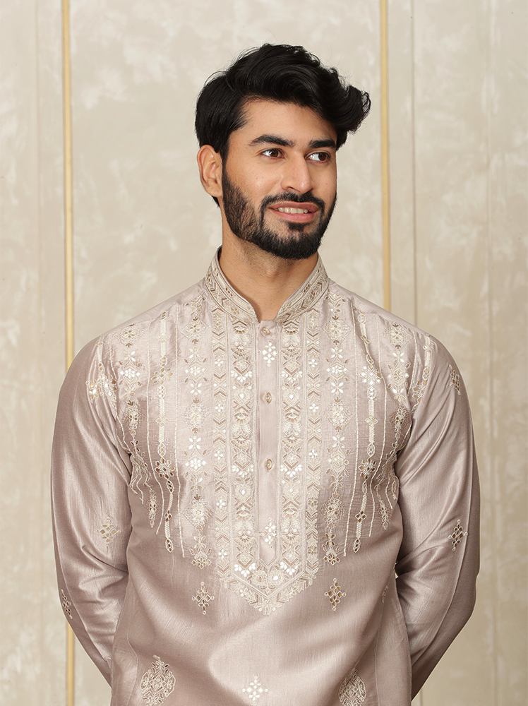 Grey Silk Thread Embroidered Kurta Set for Men