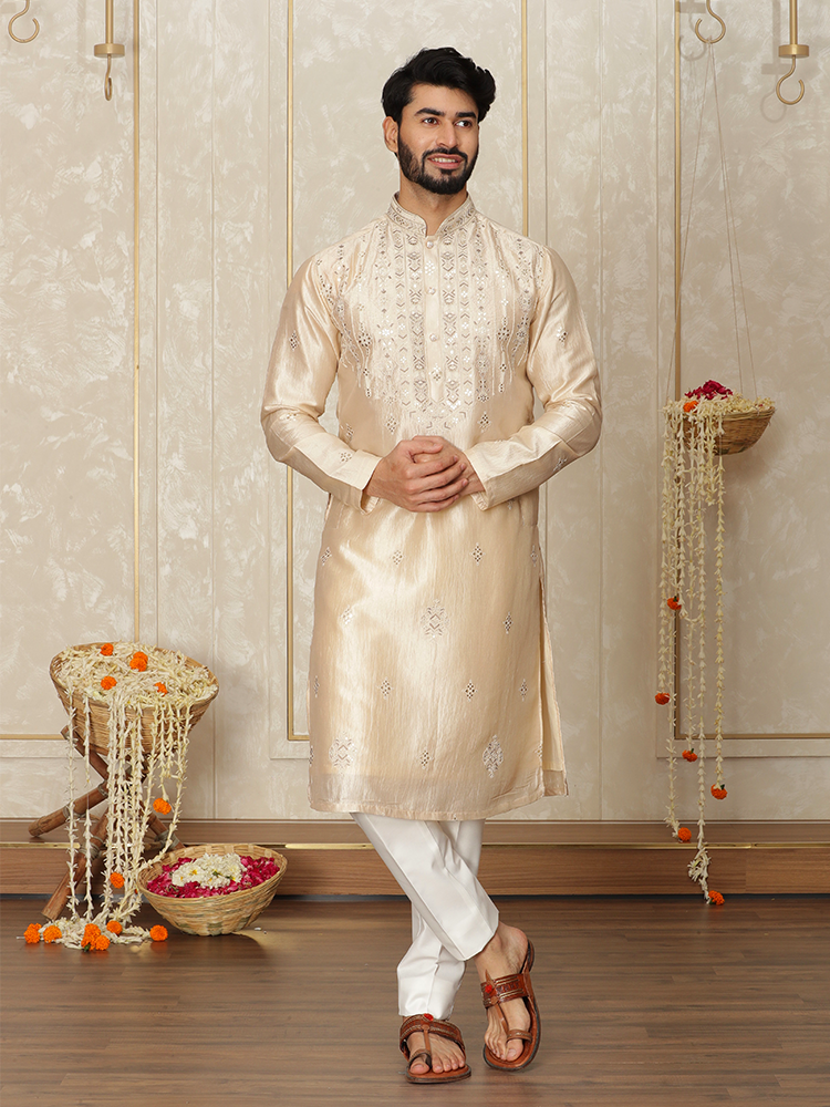 Fawn Silk Thread Embroidered Kurta Set for Men