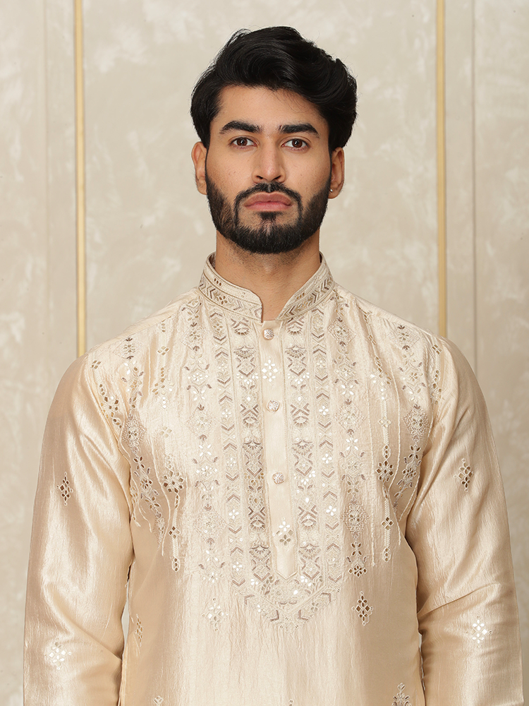 Fawn Silk Thread Embroidered Kurta Set for Men