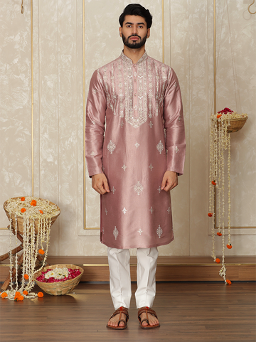 Onion Pink Silk Thread Embroidered Kurta Set for Men