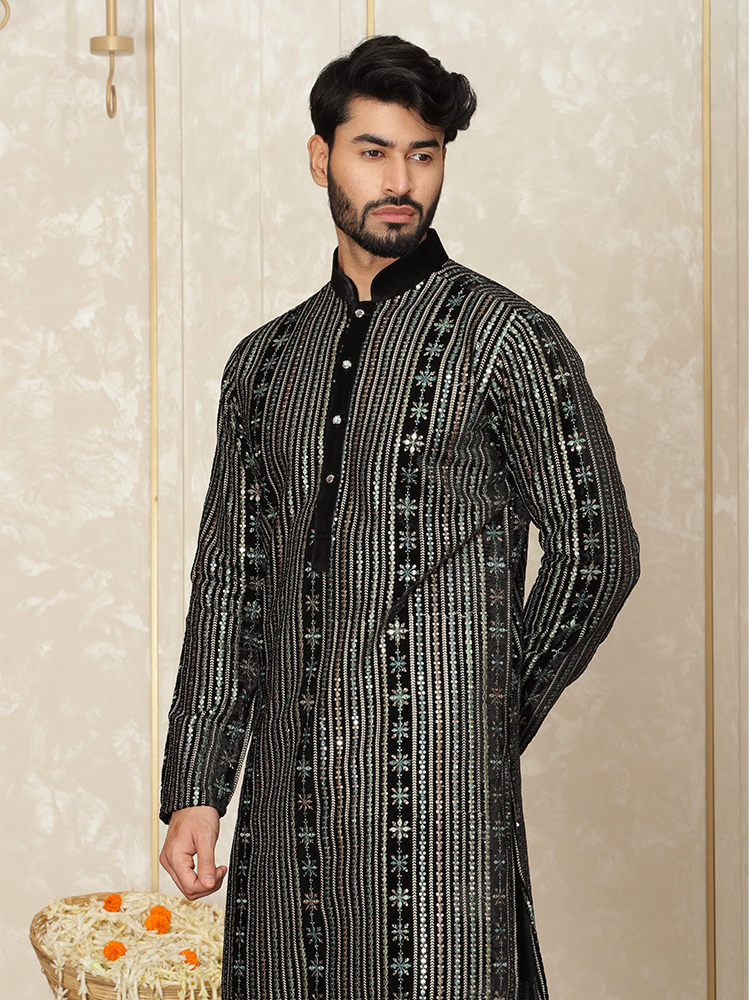 Green Velvet Embroidered Kurta Set for Men