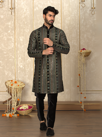 Green Velvet Embroidered Kurta Set for Men