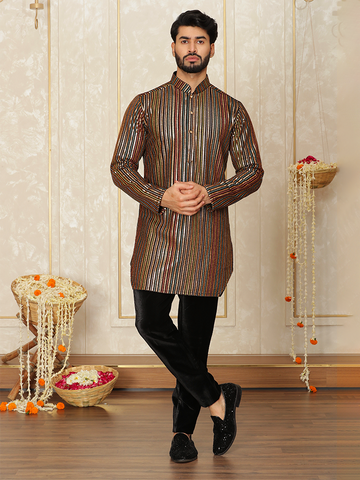 Black Velvet Embroidered Kurta Set for Men