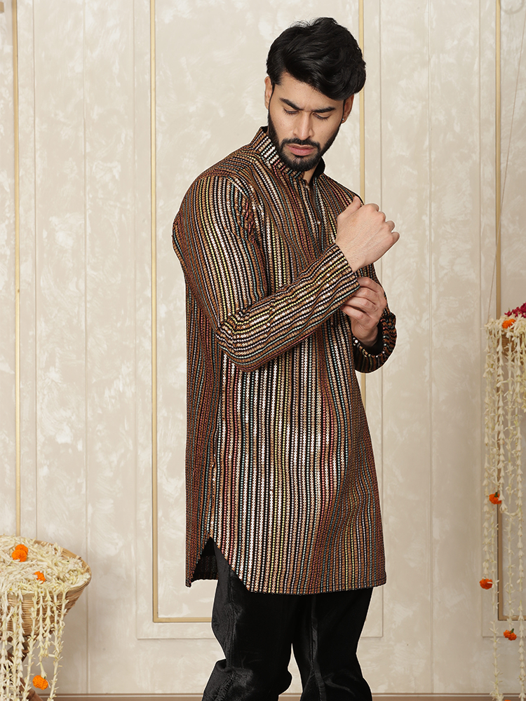 Black Velvet Embroidered Kurta Set for Men