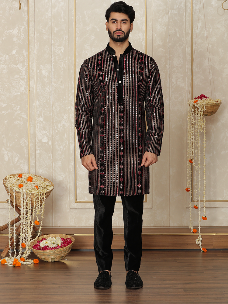 Wine Velvet Embroidered Kurta Set for Men