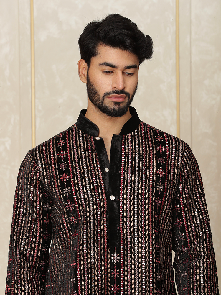 Wine Velvet Embroidered Kurta Set for Men