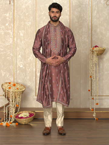 Rust Silk Thread Embroidered Kurta Set with Dupatta for Men