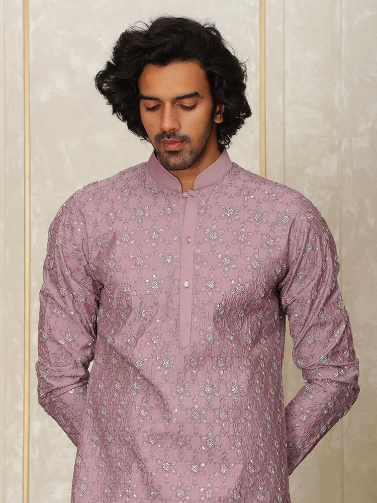 Onion Pink Silk Cutdana Embroidered Kurta Set for Men