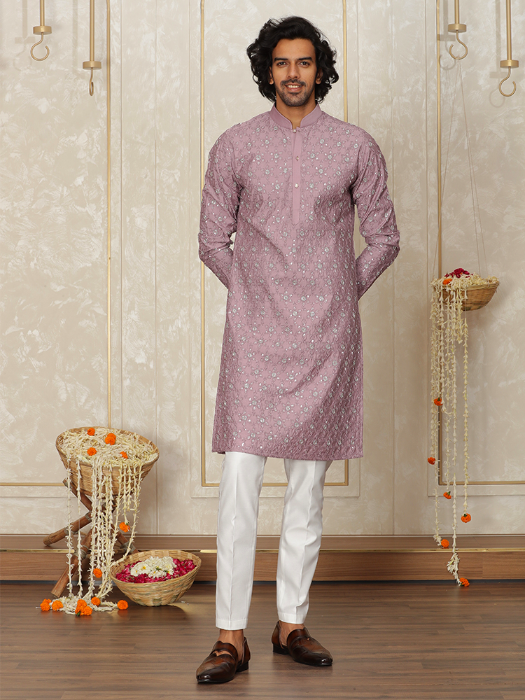 Onion Pink Silk Cutdana Embroidered Kurta Set for Men