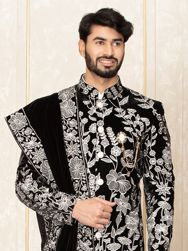 Black Velvet Embroidered Jacket Kurta Set with Dupatta