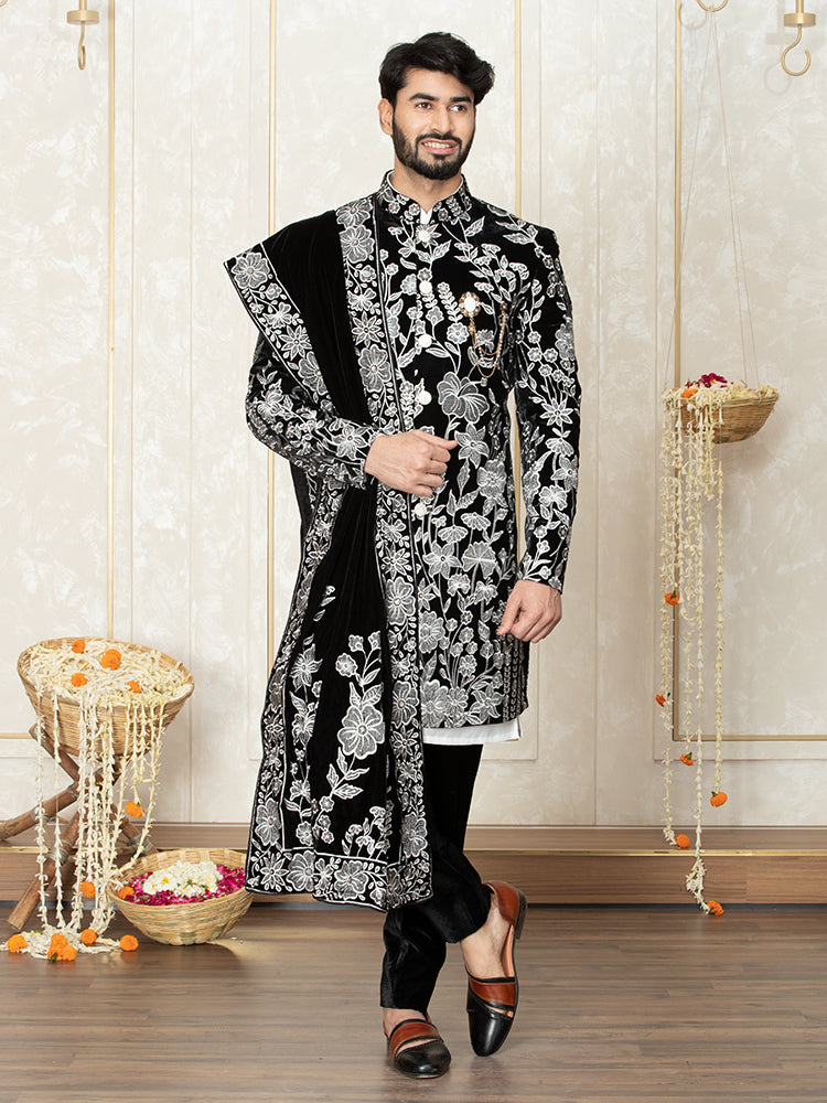 Black Velvet Embroidered Jacket Kurta Set with Dupatta