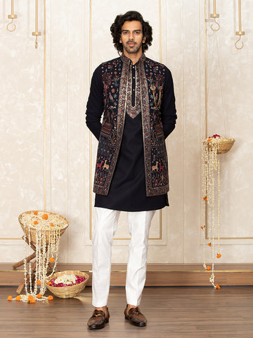 Navy Blue Embroidered Long Jacket with Kurta Set