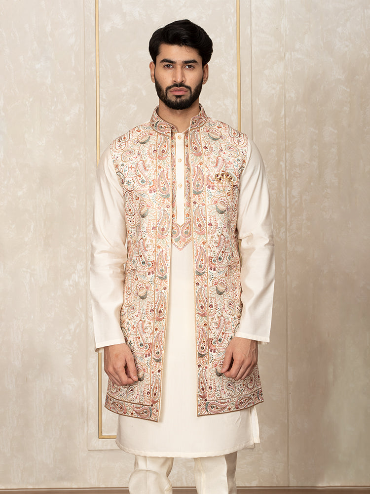 Cream Embroidered Long Jacket with Kurta Set