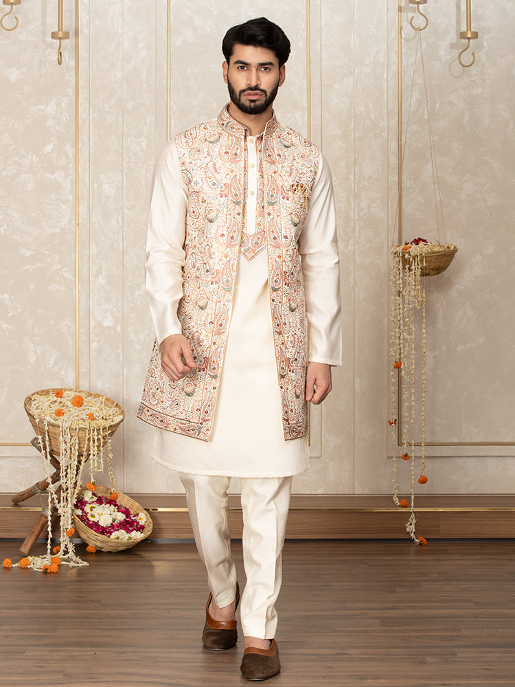 Cream Embroidered Long Jacket with Kurta Set