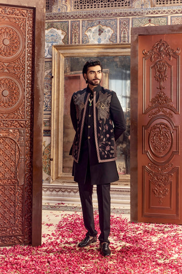 Black Embroidered Front Open Long Jacket Set