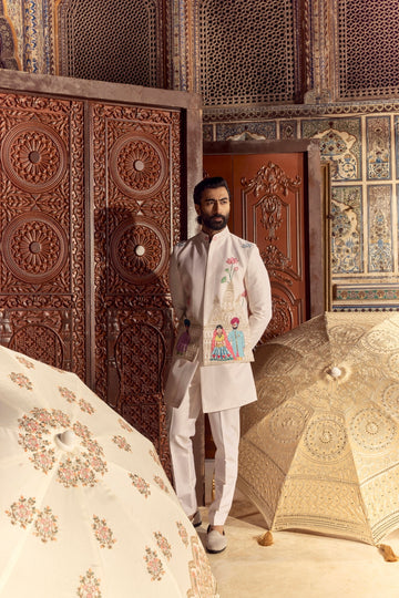 Cream Hand Embroidered Nehru Jacket Set