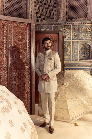 Fawn Cutdana Work Embroidered Nehru Jacket Set