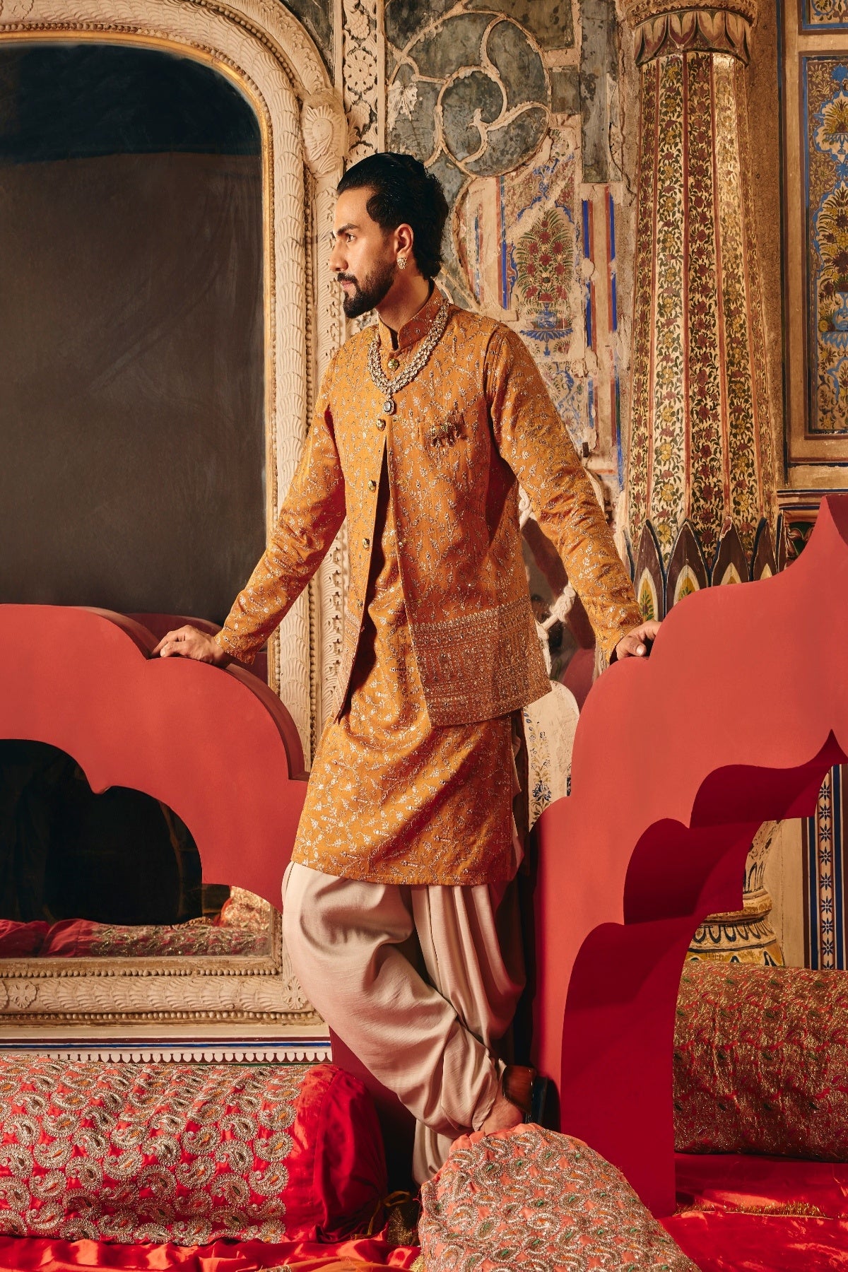 Haldi Satin Silk Embroidered Koti Kurta Set for Men