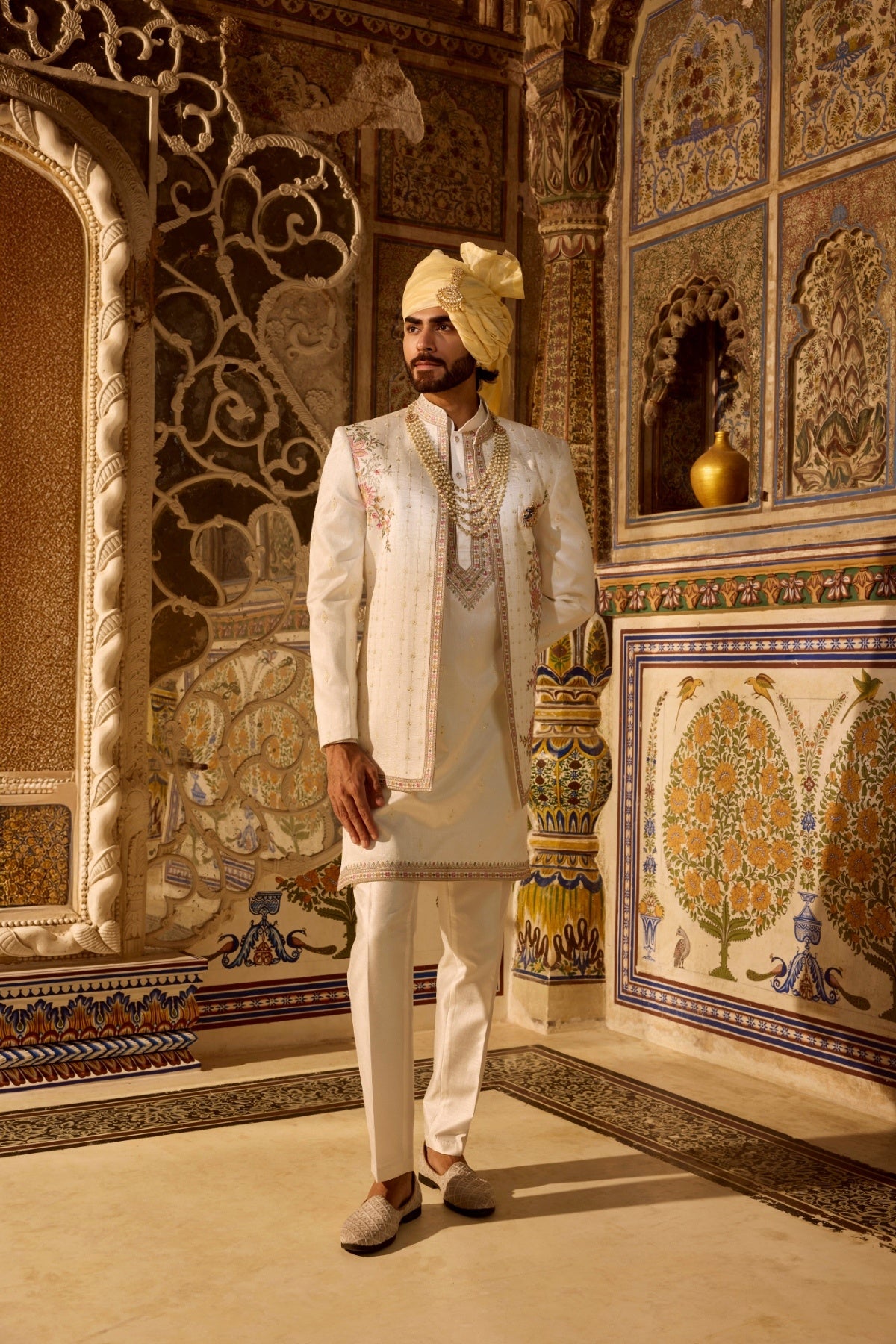 Cream Embroidered Front Open Sherwani Jacket Set