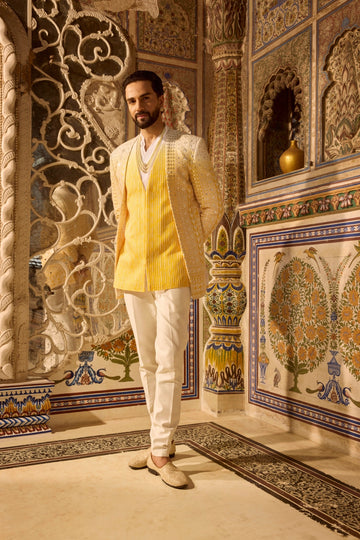 Haldi Embroidered Front Open Jacket Set with Draped Kurta