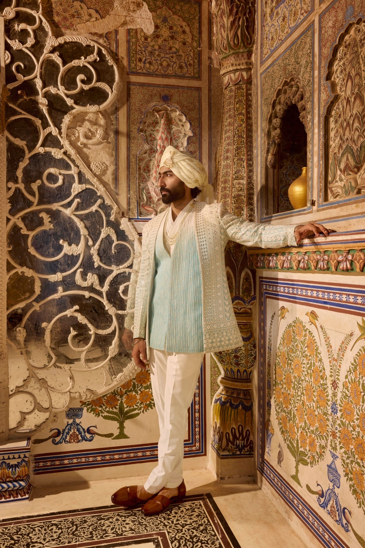 Aqua Blue Embroidered Front Open Jacket Set with Draped Kurta