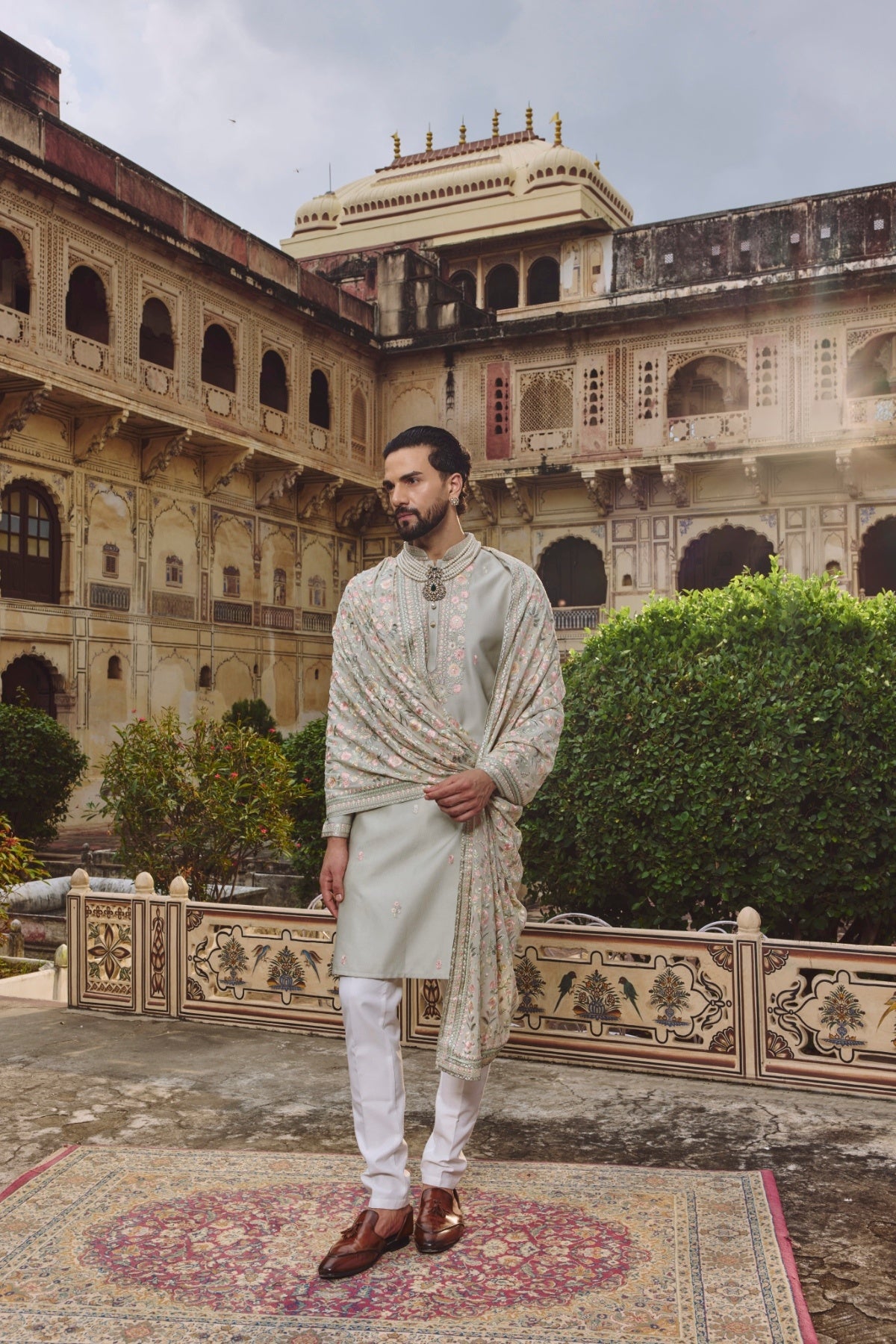 Mint Green Silk Embroidered Kurta Set with Dupatta for Men
