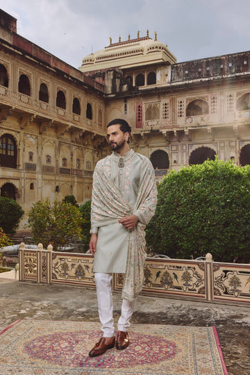 Mint Green Silk Embroidered Kurta Set with Dupatta for Men