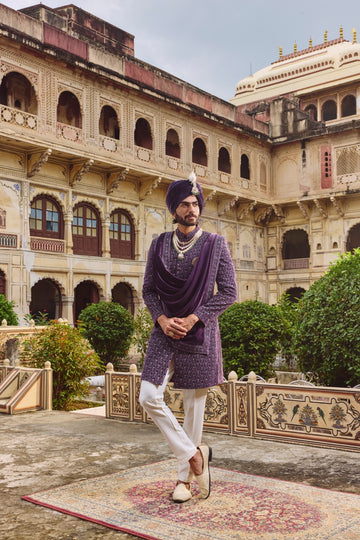 Mauve Velvet Embroidered Sherwani Set with Dupatta
