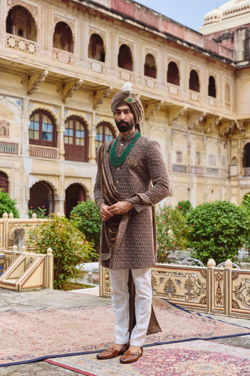Khaki Velvet Embroidered Sherwani Set with Dupatta