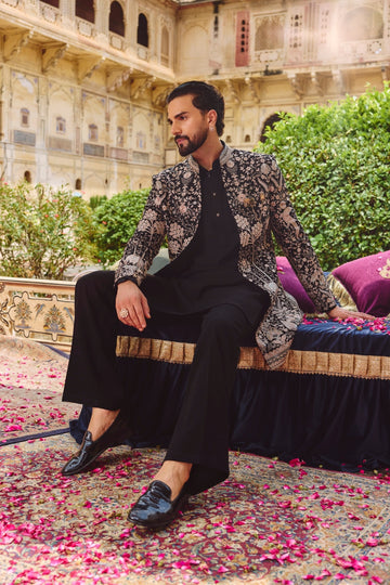 Black Embroidered Front Open Sherwani Jacket Set