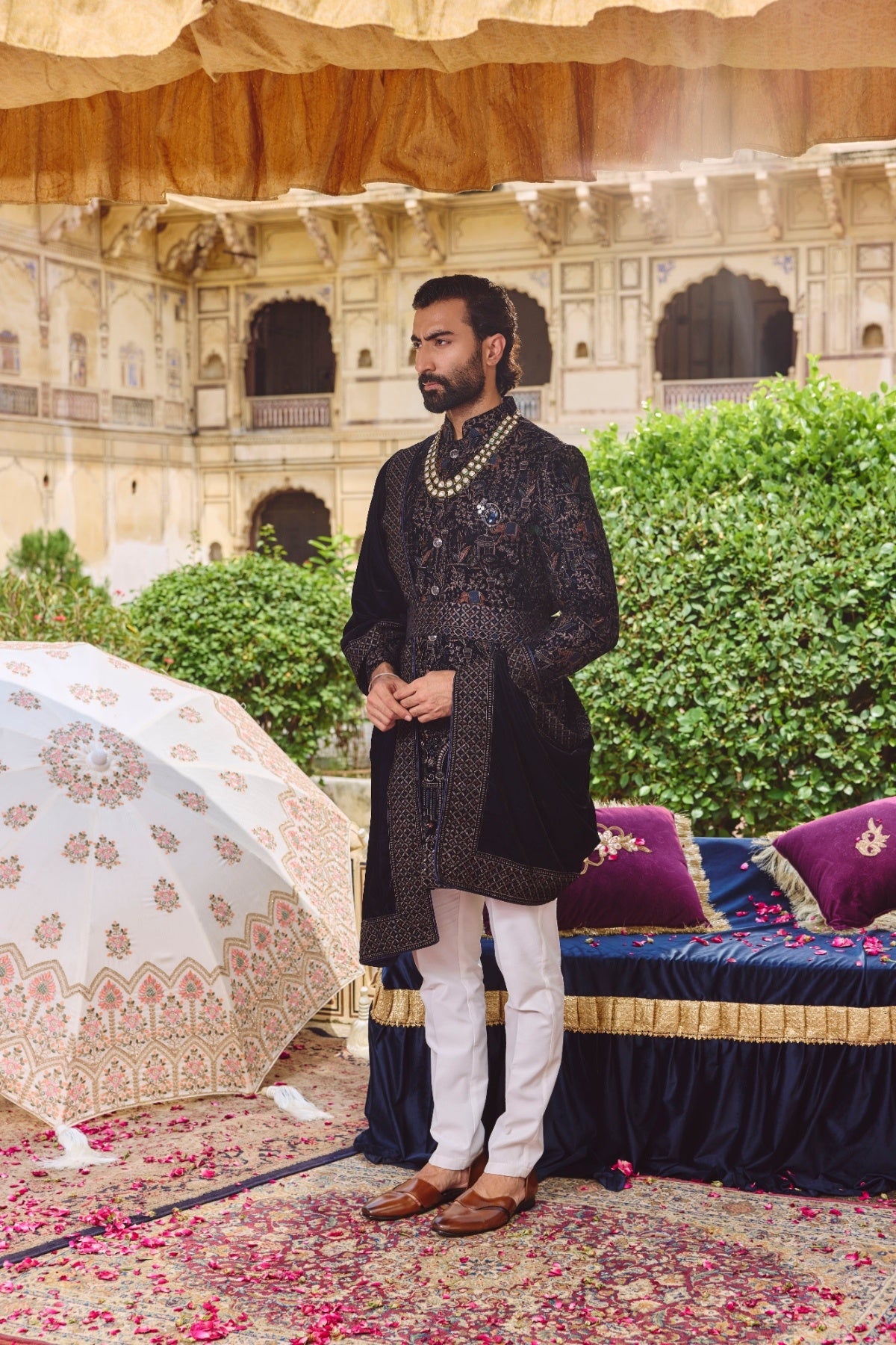 Navy Blue Velvet Embroidered Sherwani Set with Dupatta