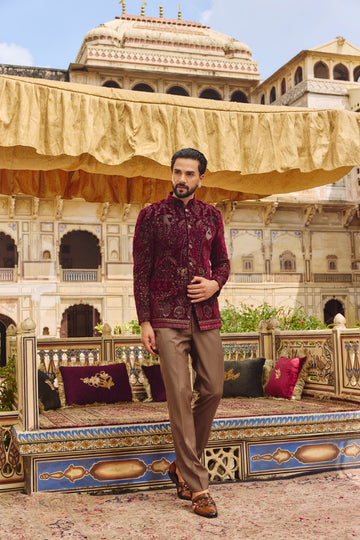 Mehroon Velvet Embroidered Jodhpuri Set with Formal Pants