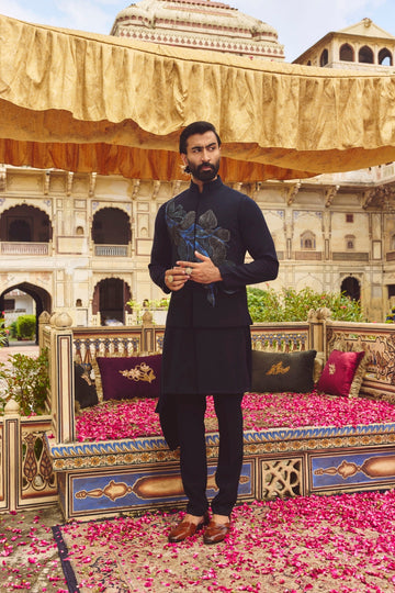 Navy Blue Hand Painted/ Embroidered Nehru Jacket Set