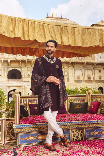 Wine Sherwani Set with Dupatta
