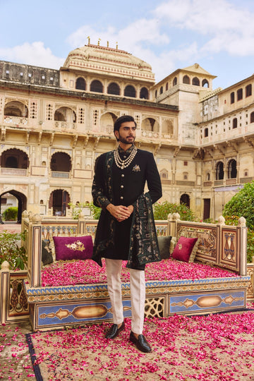 Black Sherwani Set with Dupatta