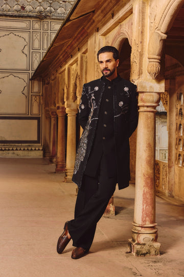 Black Placement Embroidered Front Open Sherwani with Cutdana Work Jacket Set