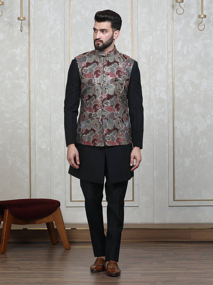 Black Embroidered Nehru Jacket Set