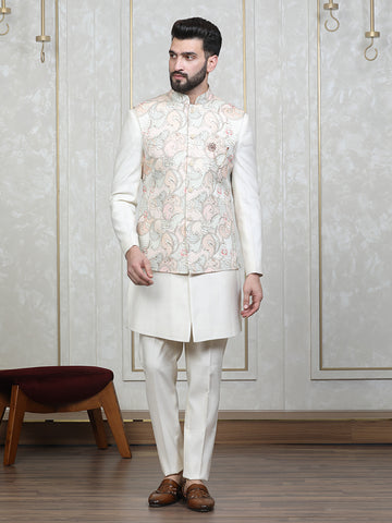 Cream Embroidered Nehru Jacket Set