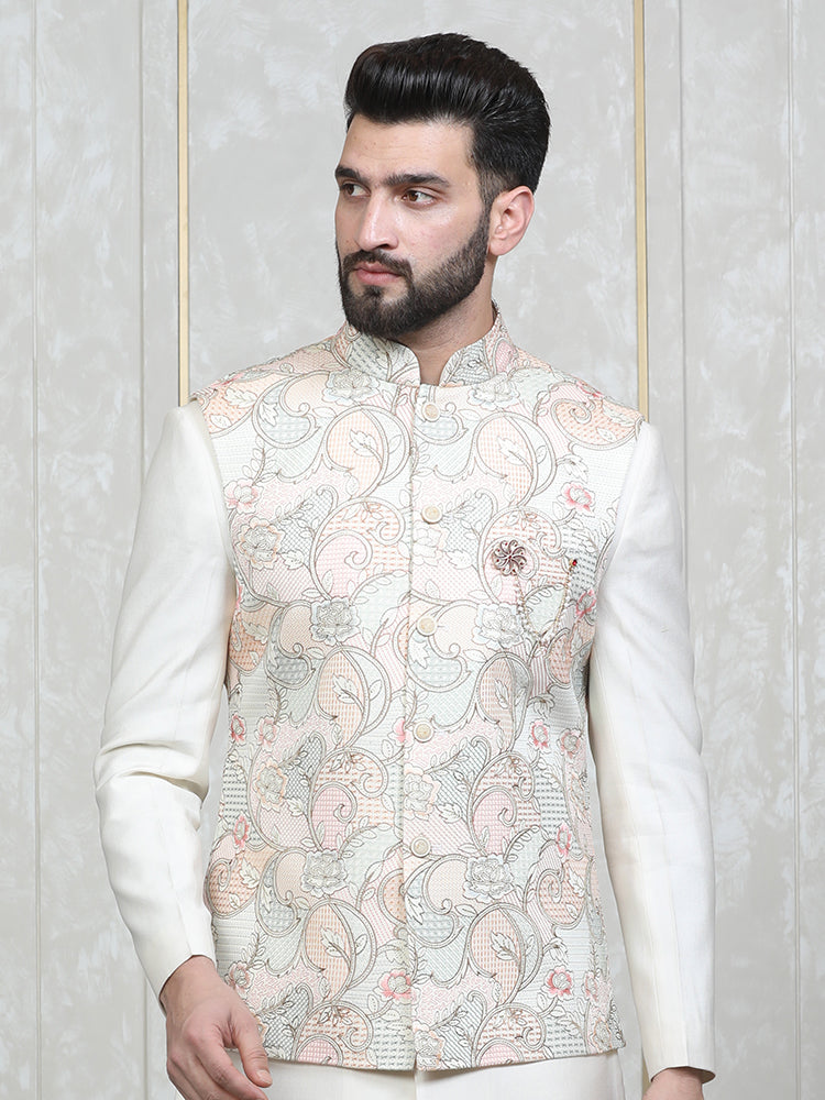 Cream Embroidered Nehru Jacket Set