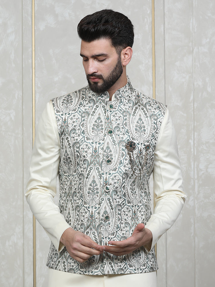 Green Embroidered  Nehru Jacket Set